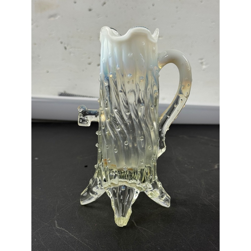 Northwood White Opalescent‎ Tree Trunk Glass Vase with Handle Antique EAPG 6.5"
